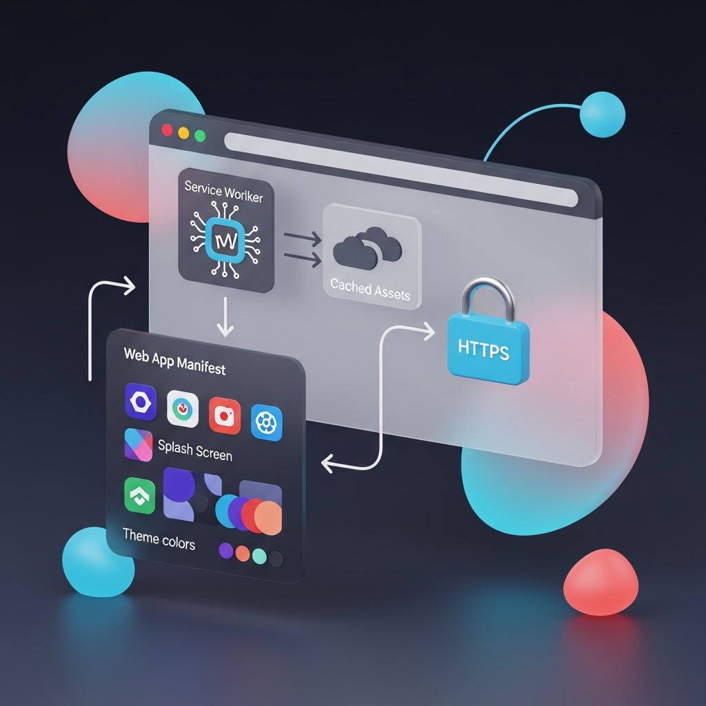 An infographic-style diagram of a Progressive Web App’s core technical pillars: a browser window with a Service Worker icon intercepting network requests and caching assets for offline use; a Web App Manifest panel showing app icons, splash screen and theme colors; and an HTTPS padlock symbol denoting secure contexts—all connected by arrows illustrating instant load times and app-like behavior.