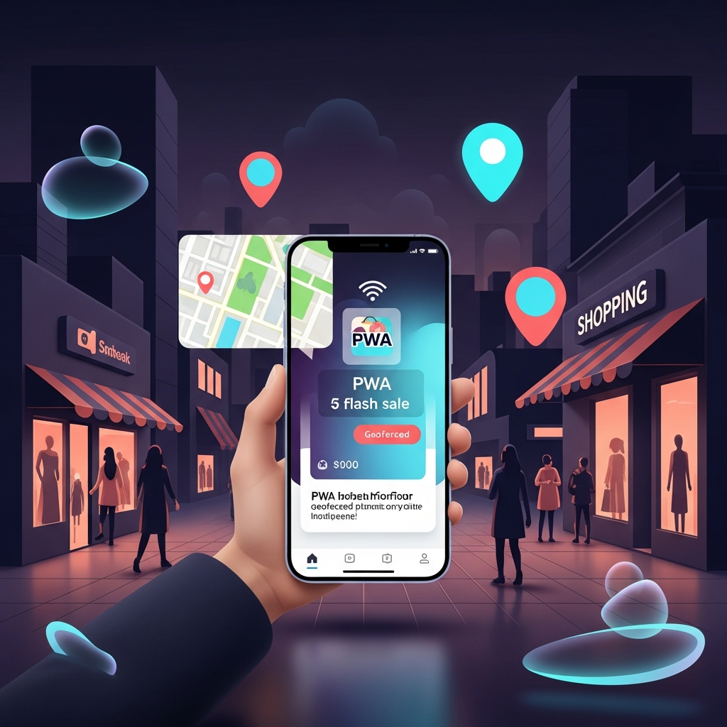 A realistic vector scene of a shopper entering a city shopping district with a smartphone held up, showing a PWA push notification for a flash sale triggered by geofenced promotions; include map pins, store front silhouettes in the background, and a dynamic in-app landing page preview on the phone screen.