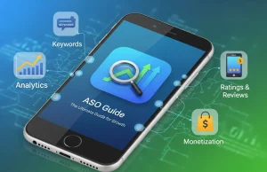 ASO App Store Optimization: The Ultimate Guide for Growth Modern mobile marketing infographic illustrating ASO app store optimization as the ultimate guide for growth, featuring keyword strategy, higher app rankings, optimized screenshots, icon design, review management, conversion rate boosts, organic installs, and analytics dashboards in a clean professional design.