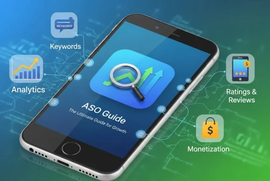 ASO App Store Optimization: The Ultimate Guide for Growth Modern mobile marketing infographic illustrating ASO app store optimization as the ultimate guide for growth, featuring keyword strategy, higher app rankings, optimized screenshots, icon design, review management, conversion rate boosts, organic installs, and analytics dashboards in a clean professional design.