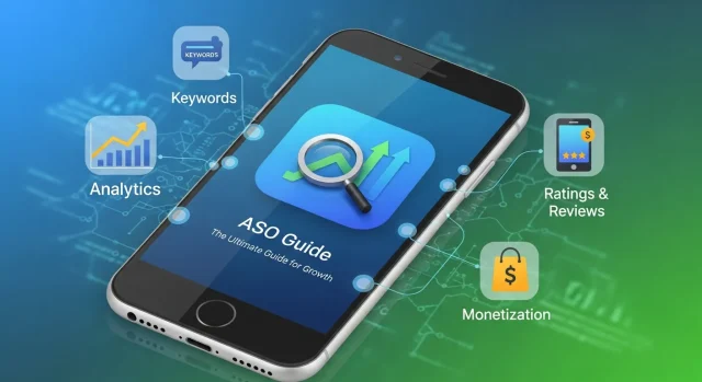 Modern mobile marketing infographic illustrating ASO app store optimization as the ultimate guide for growth, featuring keyword strategy, higher app rankings, optimized screenshots, icon design, review management, conversion rate boosts, organic installs, and analytics dashboards in a clean professional design.