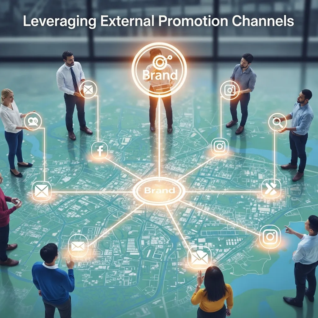 Digital ecosystem connecting app marketing with external promotion channels including search, social, and referral networks