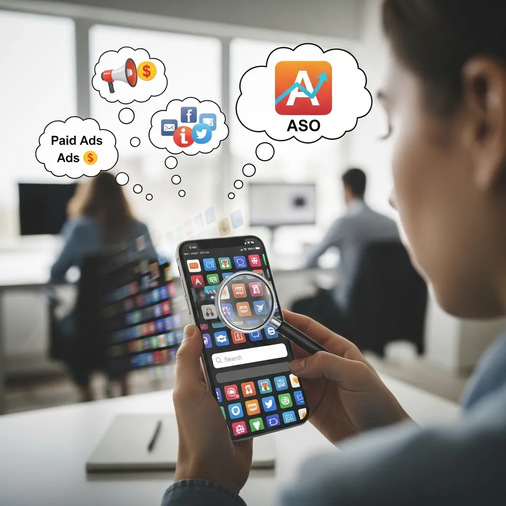 Mobile app store search results showing optimized app listings ranking higher with strong visuals and keywords