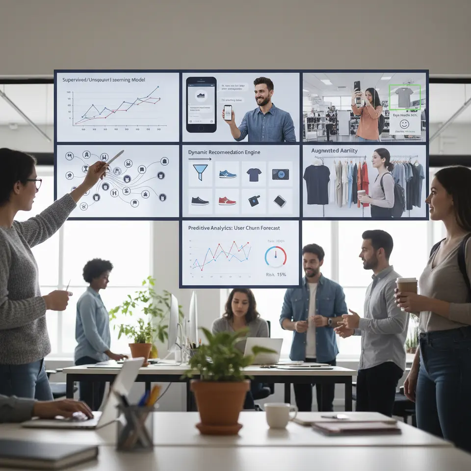An infographic-style montage showing the five core AI technologies powering app personalization: a supervised/unsupervised machine-learning model analyzing clickstreams, a conversational NLP chatbot window, a dynamic recommendation engine filtering product tiles, a predictive-analytics dashboard chart forecasting user churn, and an AR retail scene using computer-vision emotion detection overlays.