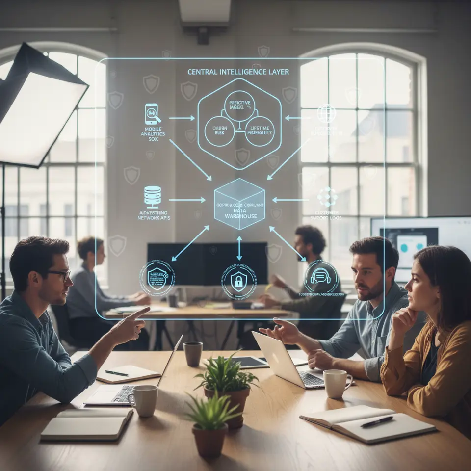 A detailed diagram showing multiple data sources—mobile analytics SDK, CRM system, advertising network APIs, and customer support logs—flowing into a single GDPR- and CCPA-compliant data warehouse. Include icons for real-time event streams, a central intelligence layer with a predictive model forecasting install propensity, churn risk, and lifetime value, and privacy shields representing tokenization/anonymization.