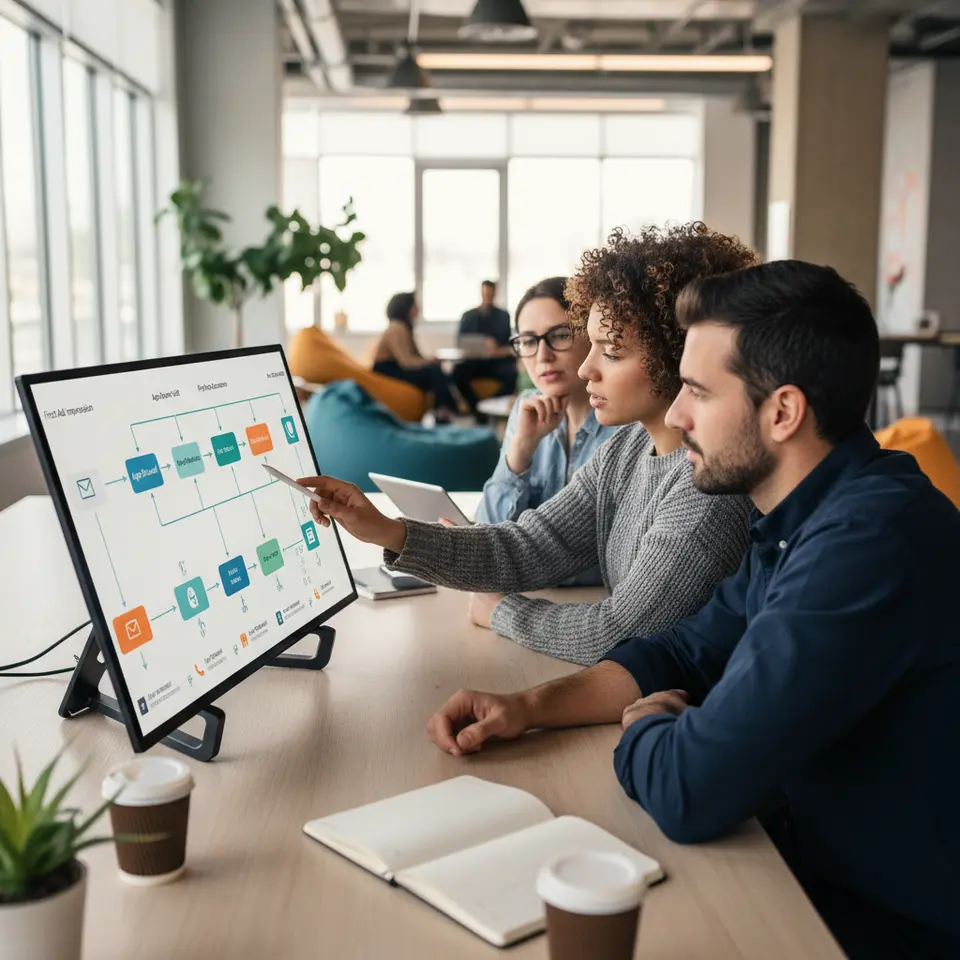 A user lifecycle flowchart illustrating key touchpoints: first ad impression, app store visit, app download, first app launch, onboarding completion, first purchase, Day 7 and Day 30 retention. Show branching triggers at each milestone that dispatch email, push notification, in-app prompt, or SMS, with arrows and icons denoting conditional if/then rules and dynamic personalization variables (e.g., user name, preferred category).