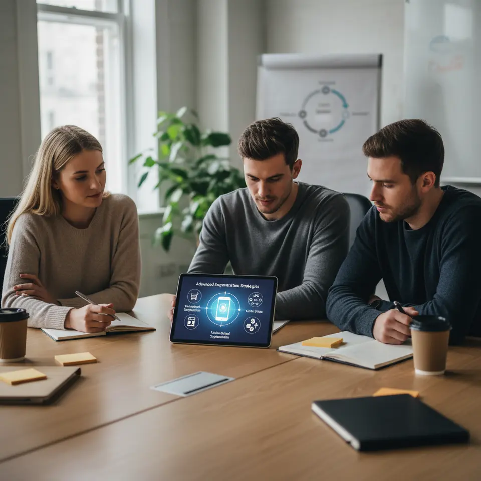 Advanced Segmentation Strategies: A vibrant infographic showing three distinct user clusters around a central smartphone—one cluster labeled “Behavioral Segmentation” with icons of users completing actions (e.g., shopping cart, tutorial completion), another labeled “Lifecycle Stage” depicting stages (new, at-risk, dormant, loyal) as a flow or ring, and a third labeled “Value-Based Segmentation” highlighting high-value users with currency symbols and star icons.