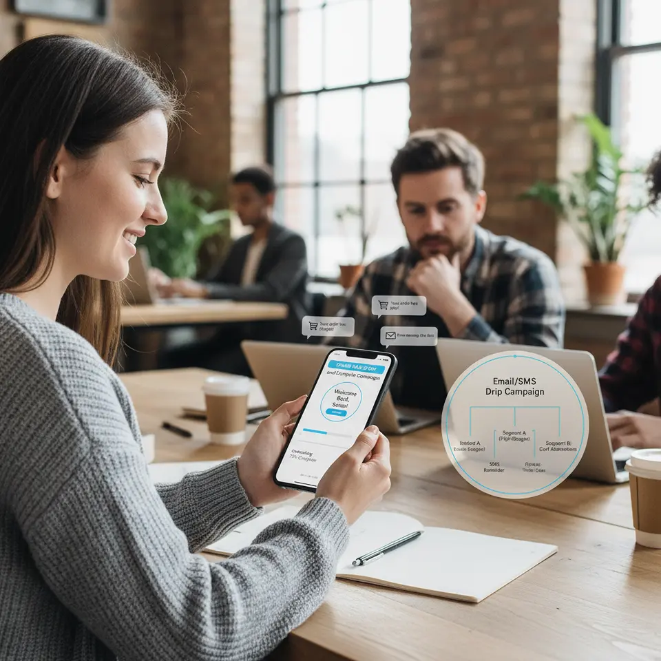 In-App Messaging and Lifecycle Campaigns – a smartphone screen mockup overlaid with interactive in-app messages (banners, modals, progress bars), alongside push notification pop-ups and a small inset diagram showing an email/SMS drip campaign branching out to segmented user cohorts.