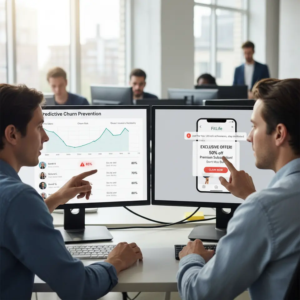 Predictive Churn Prevention in a Mobile App: a split-screen view showing on the left a machine learning dashboard scoring users by churn risk, and on the right contextual in-app interventions—personalized pop-up offers, discount codes, and just-in-time notifications—triggered for high-risk users