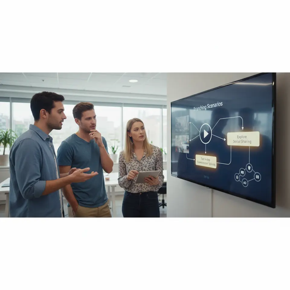 Branching Scenarios: A video player interface overlaid with a branching flowchart—buttons labeled “Explore Social Sharing,” “Test In-App Purchasing,” and “Discover Customization Options” radiate into separate video segments, with arrows and thumbnail previews showing each path.
