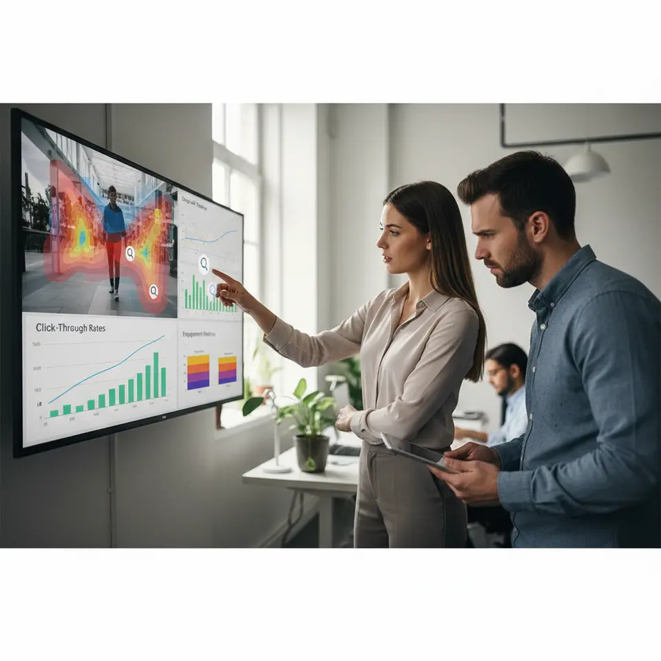 Interactive Video Analytics Dashboard: A split-screen design featuring a video frame with colorful heatmap overlays and clickable hotspot icons on one side, and on the other side line and bar graphs depicting drop-off timeline, click-through rates, and engagement metrics.